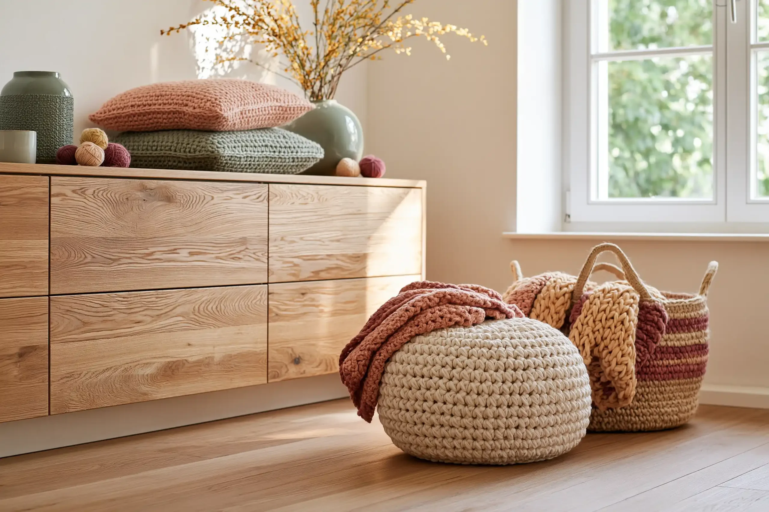 Moderne haakideeën voor beginners met mand, kussen en garen